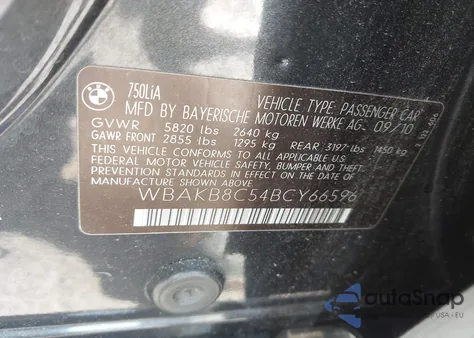 2011 BMW 750Li z USA, uszkodzony, nr VIN WBAKB8C54BCY66596